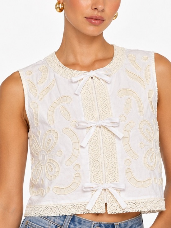 Moon River Tops - Moon River White Embroidered Lace Tie Front Vest Boho Cottagecore